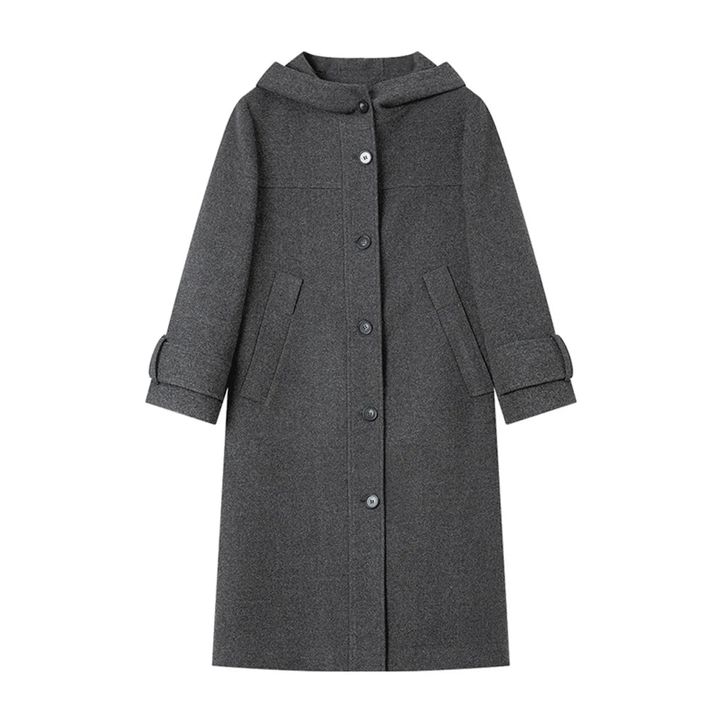 Hooded Button-Front Long Coat