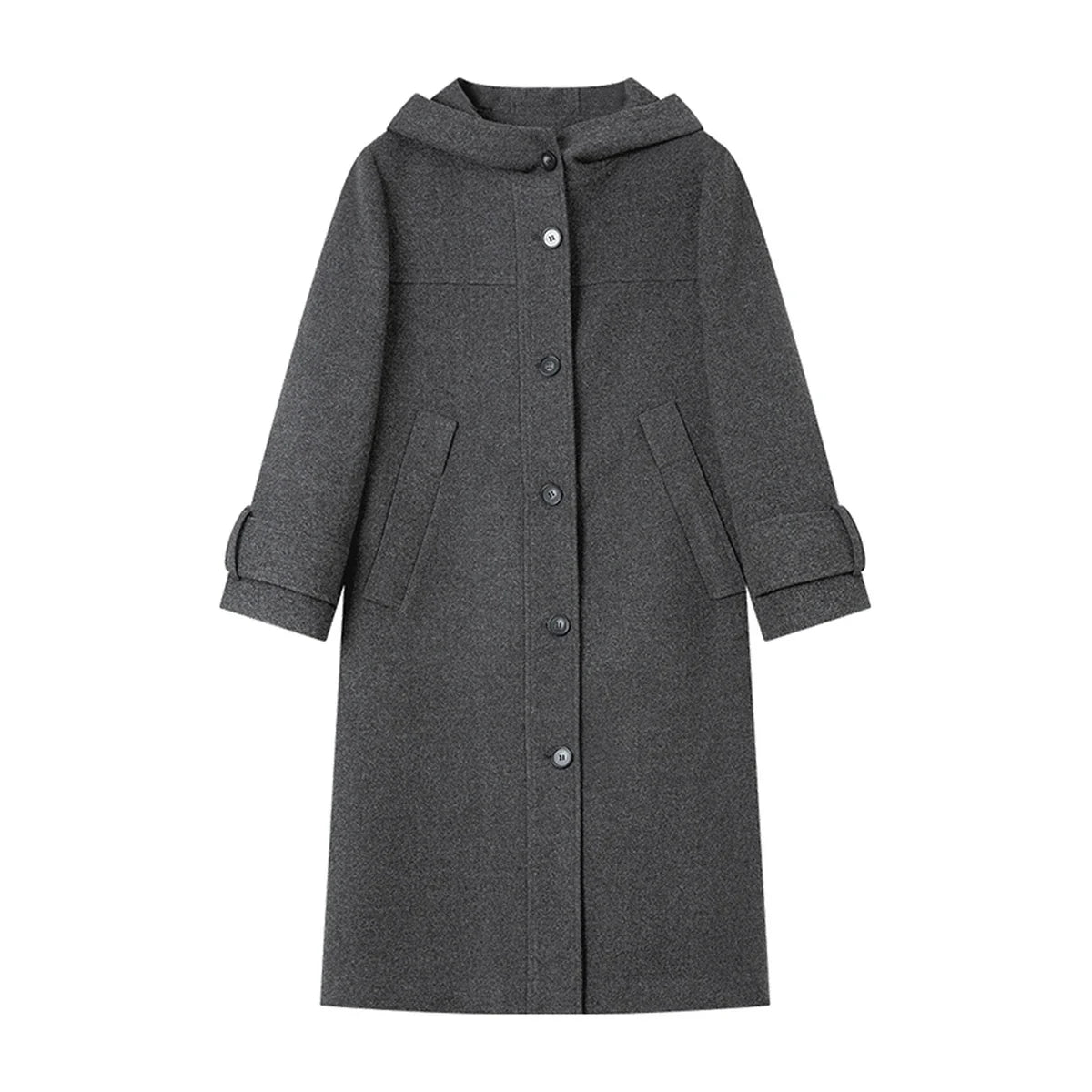 Hooded Button-Front Long Coat