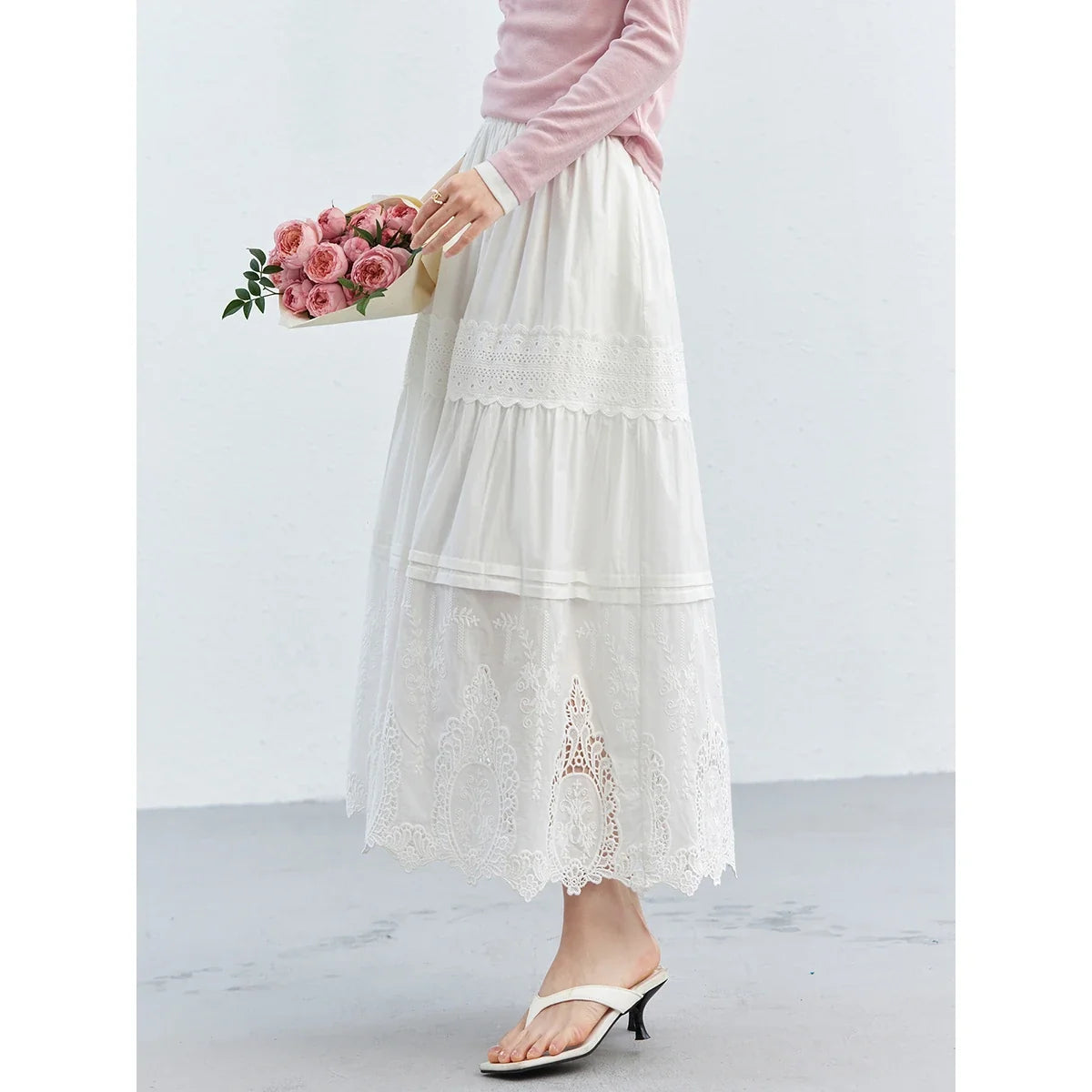 Eyelet-Hem Tiered Midi Skirt