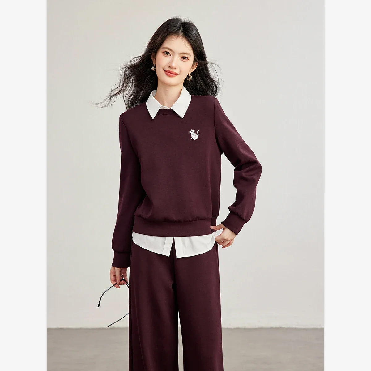 Women's Sweatshirt and Wide-Leg Trouser Set Red