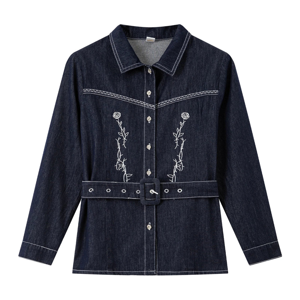 Embroidered Belted Denim Shirt Jacket