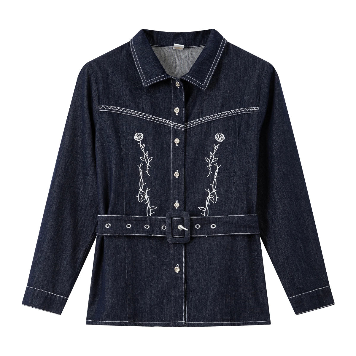 Embroidered Belted Denim Shirt Jacket