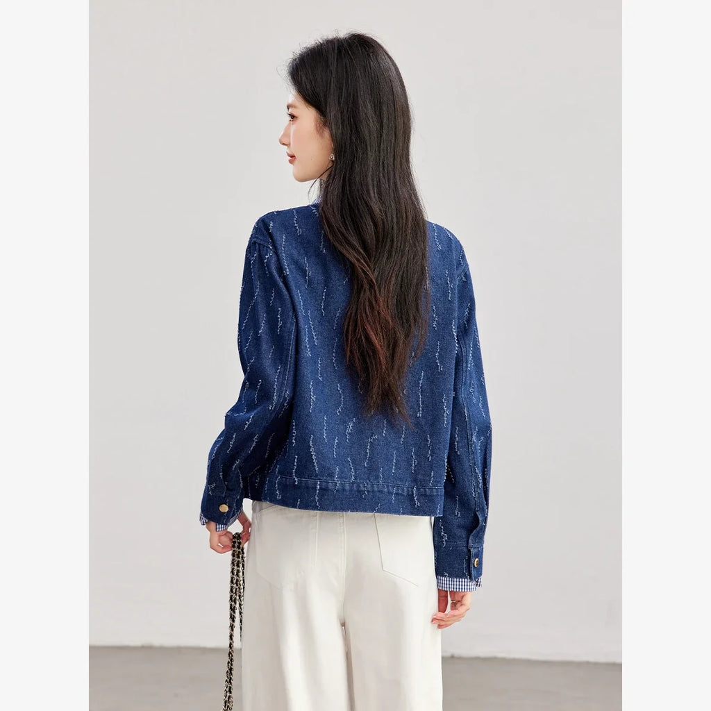 Jacquard-Collar Cropped Denim Jacket