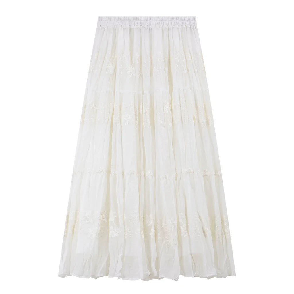 Embroidered Tiered Midi Skirt