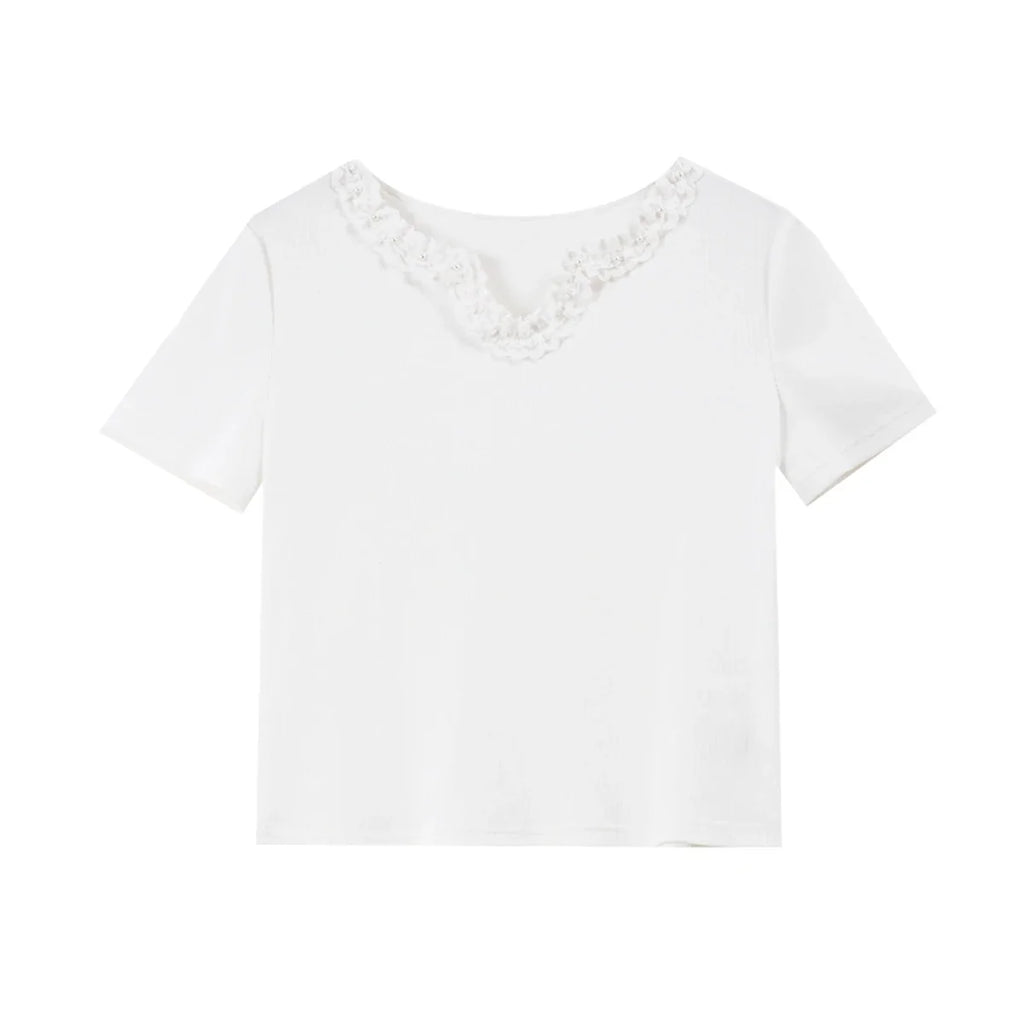 Lace-Trim V-Neck Cropped Tee