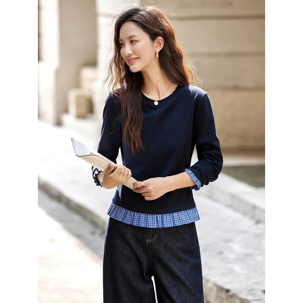 Pleated-Hem Long-Sleeve Tee