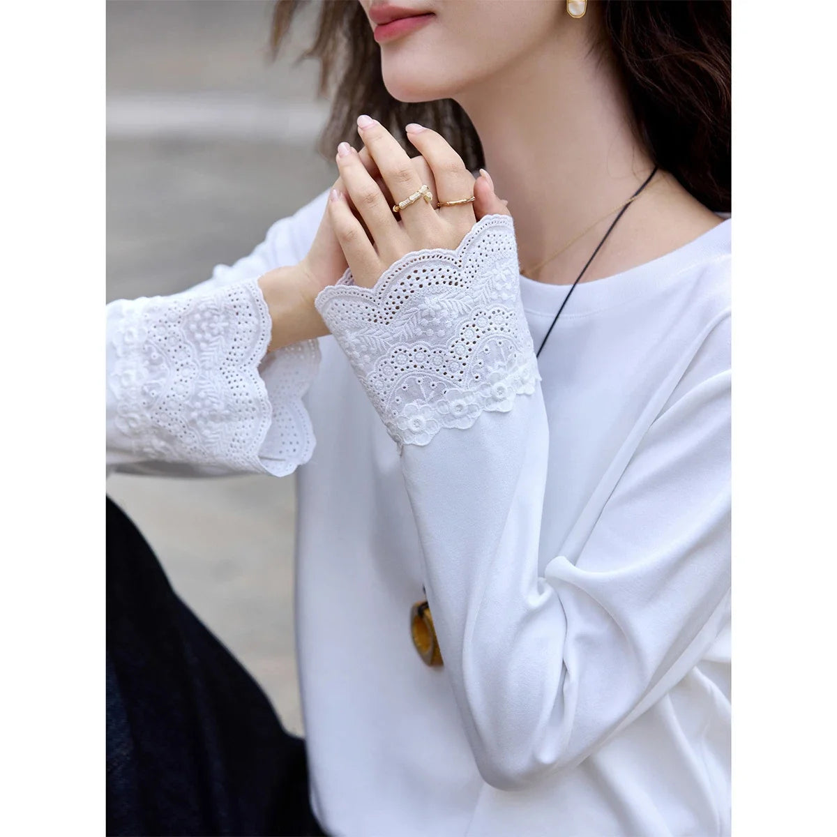 Lace-Cuff Crew-Neck Long-Sleeve Tee