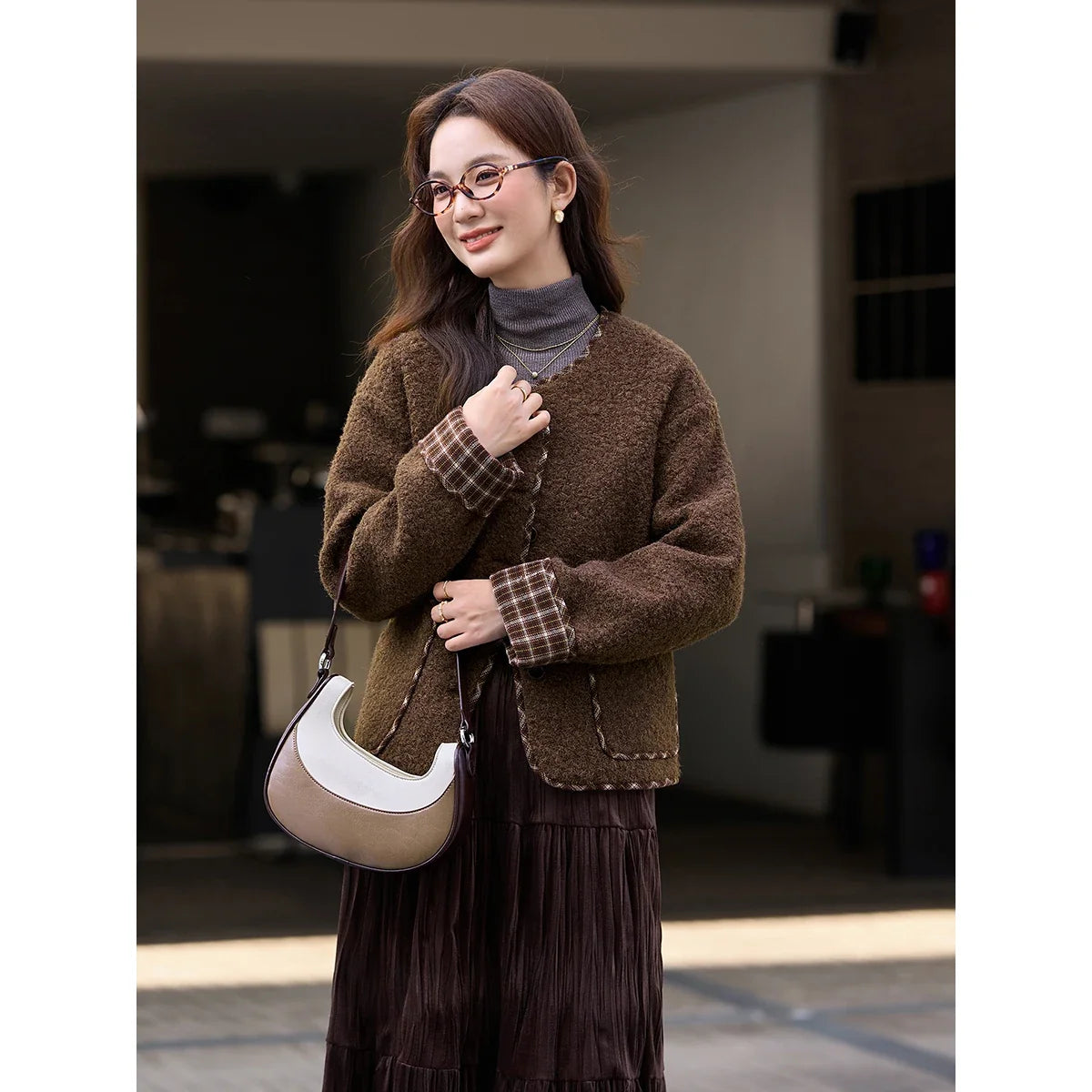 Contrast-Trim Collarless Cropped Jacket