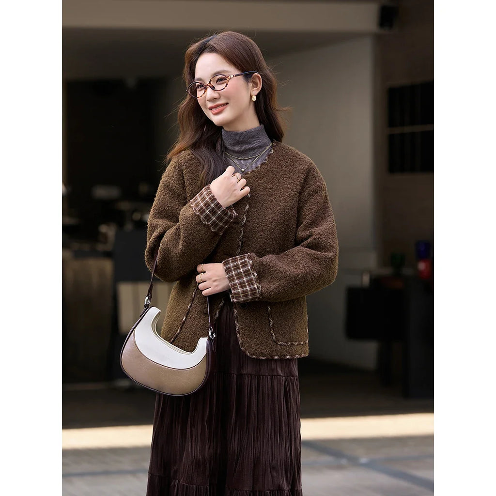 Contrast-Trim Collarless Cropped Jacket