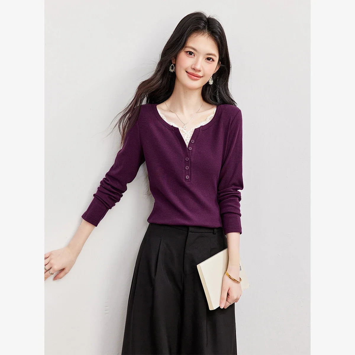 Lace-Trim Henley Long-Sleeve Top