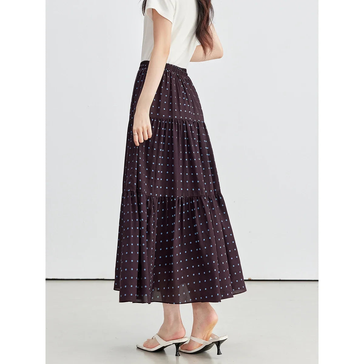 Women's Polka-Dot Tiered Midi Skirt Burgundy Dots