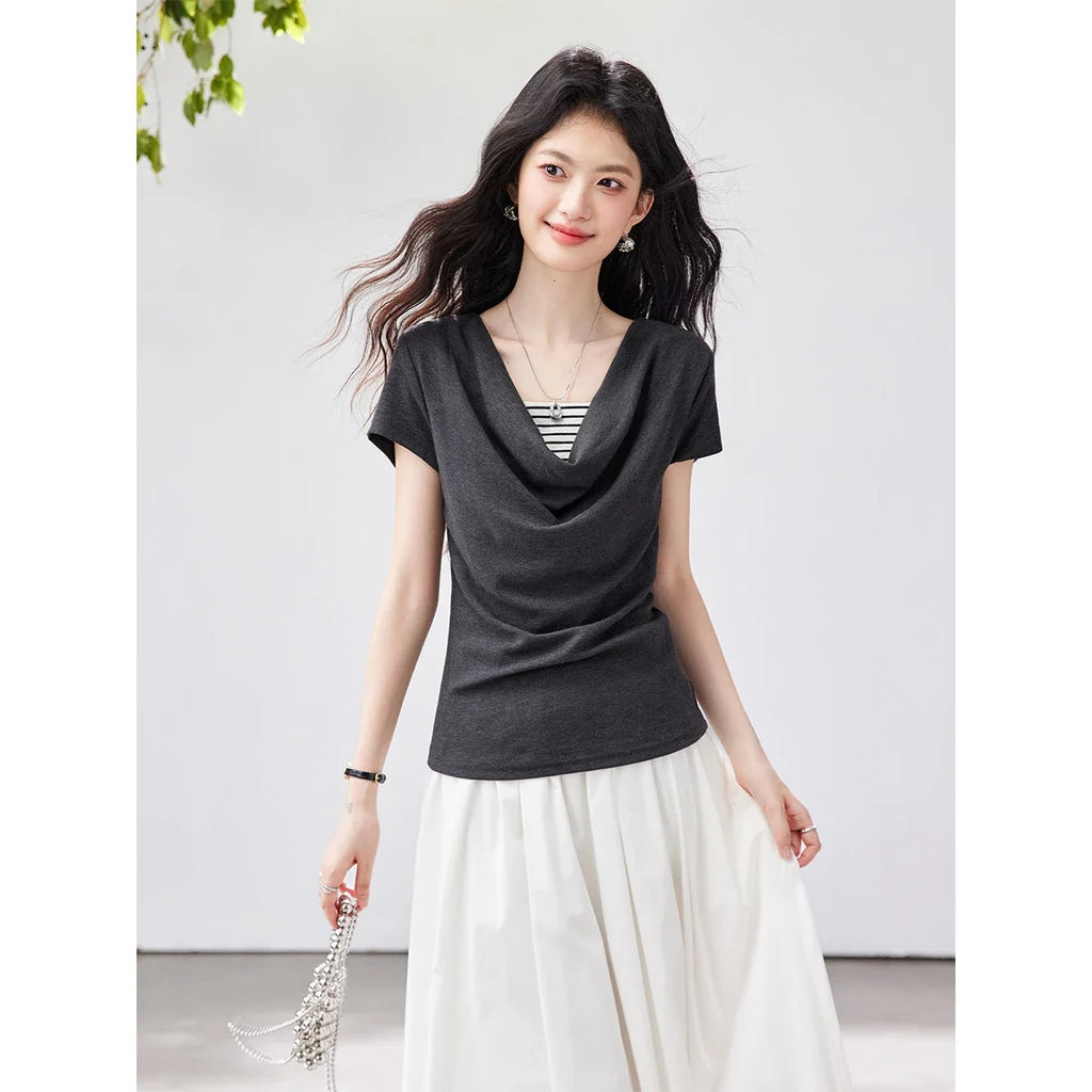 Layered Cowl-Neck Short-Sleeve Tee