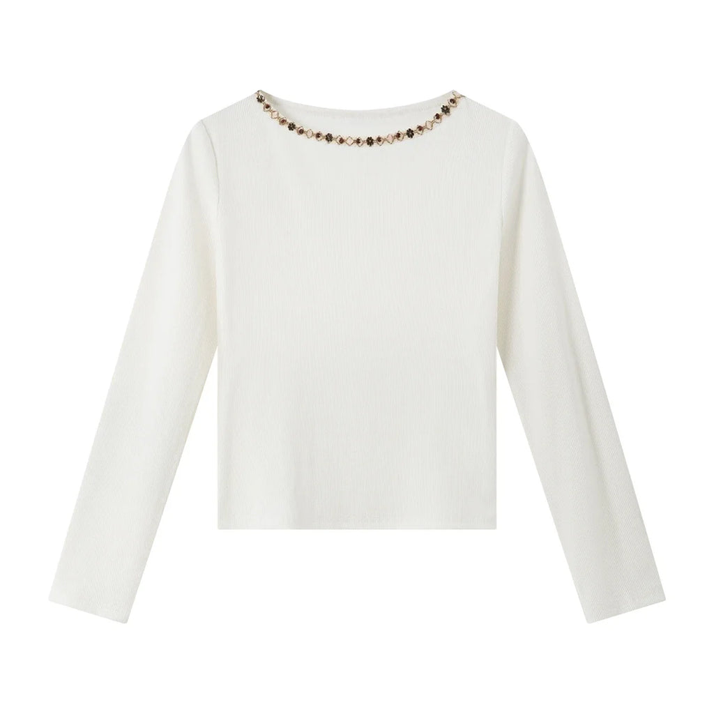 Beaded Boat-Neck Long-Sleeve Tee