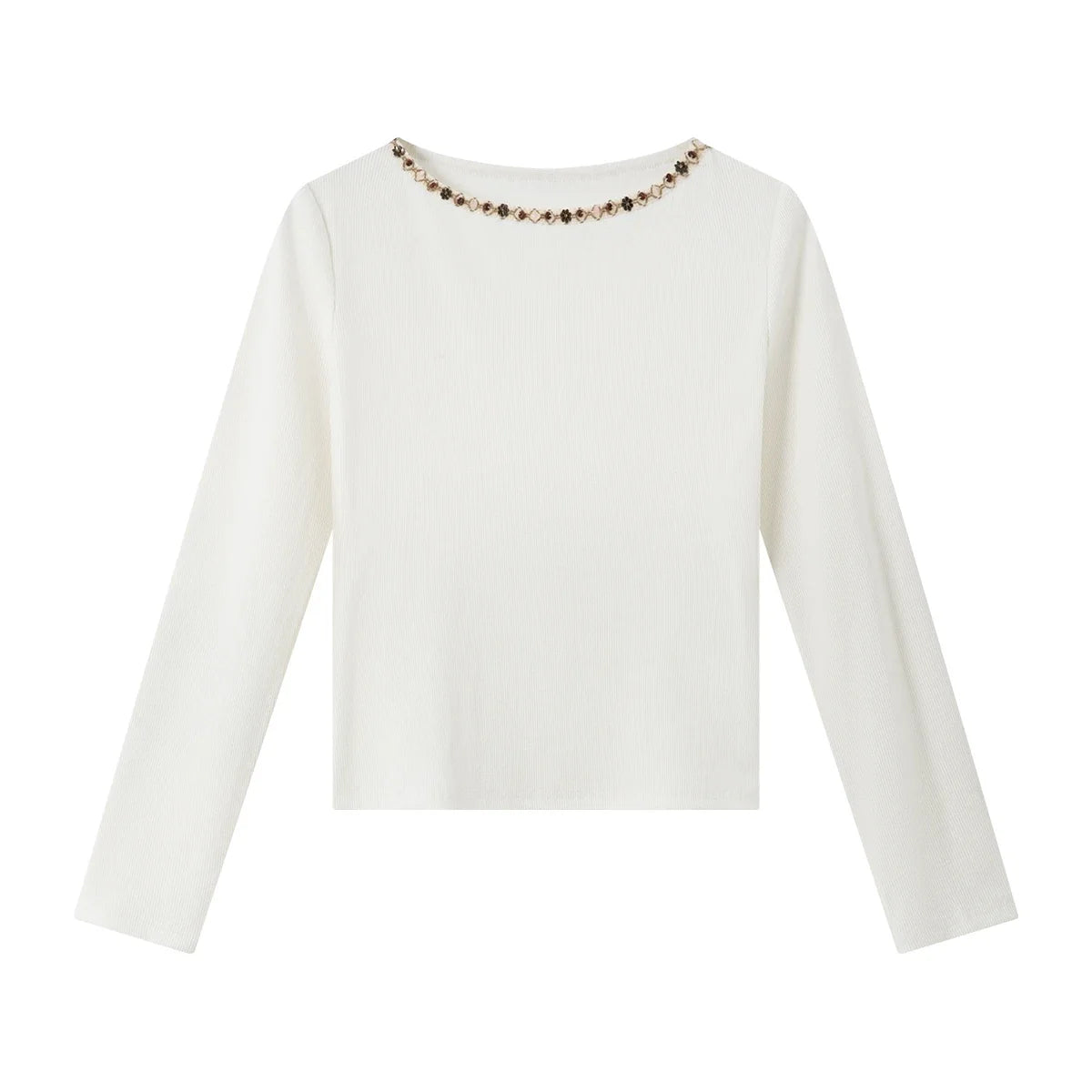 Beaded Boat-Neck Long-Sleeve Tee