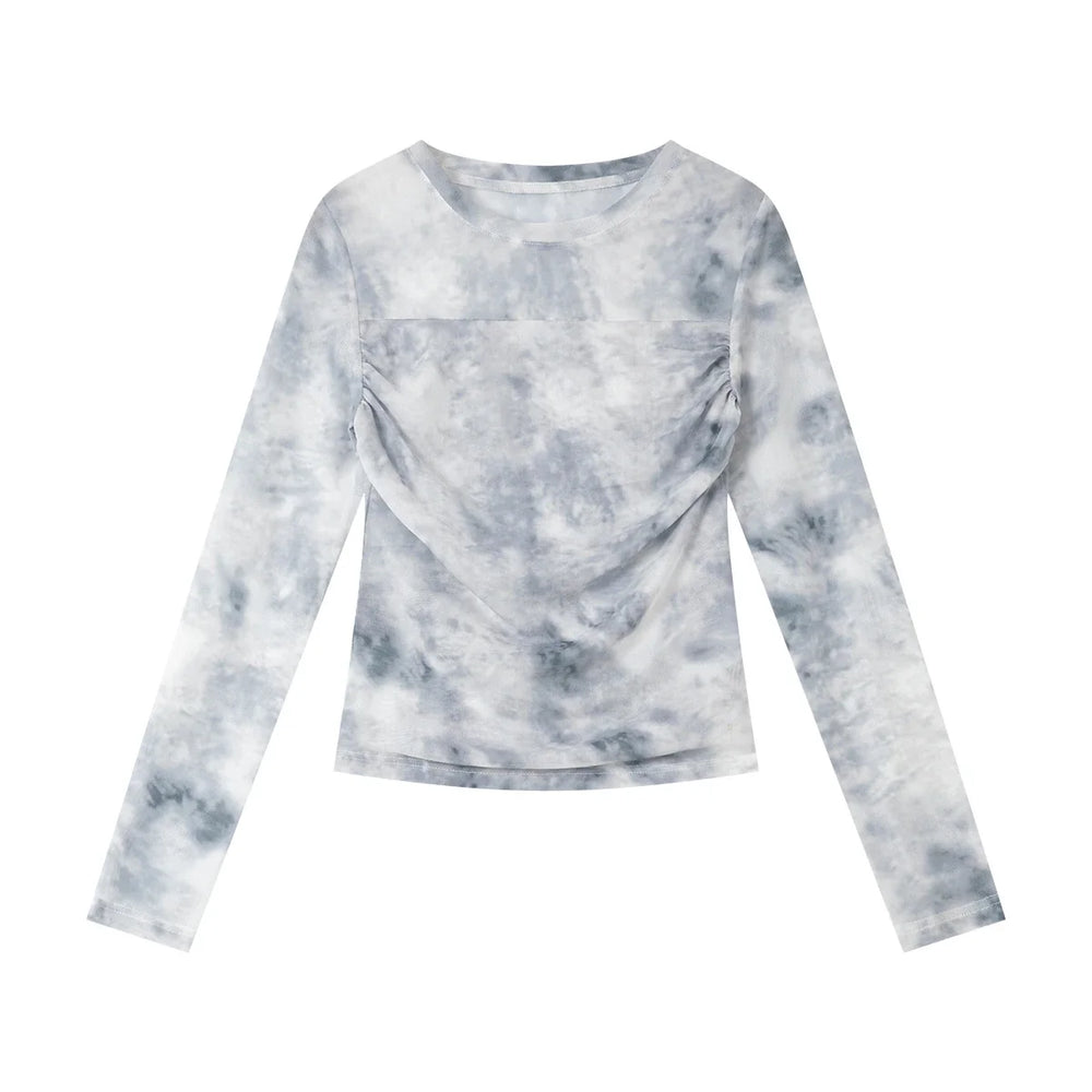 Abstract Mesh Ruched Long-Sleeve Top