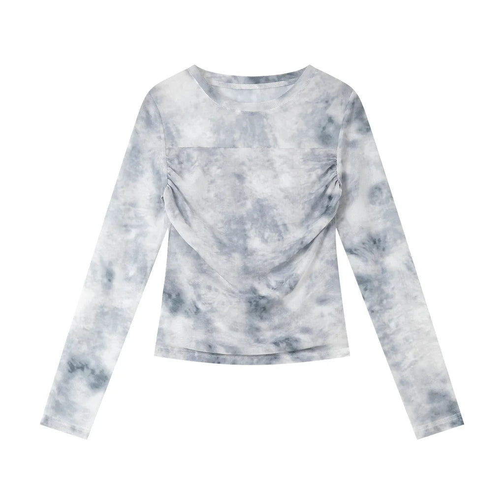 Abstract Mesh Ruched Long-Sleeve Top