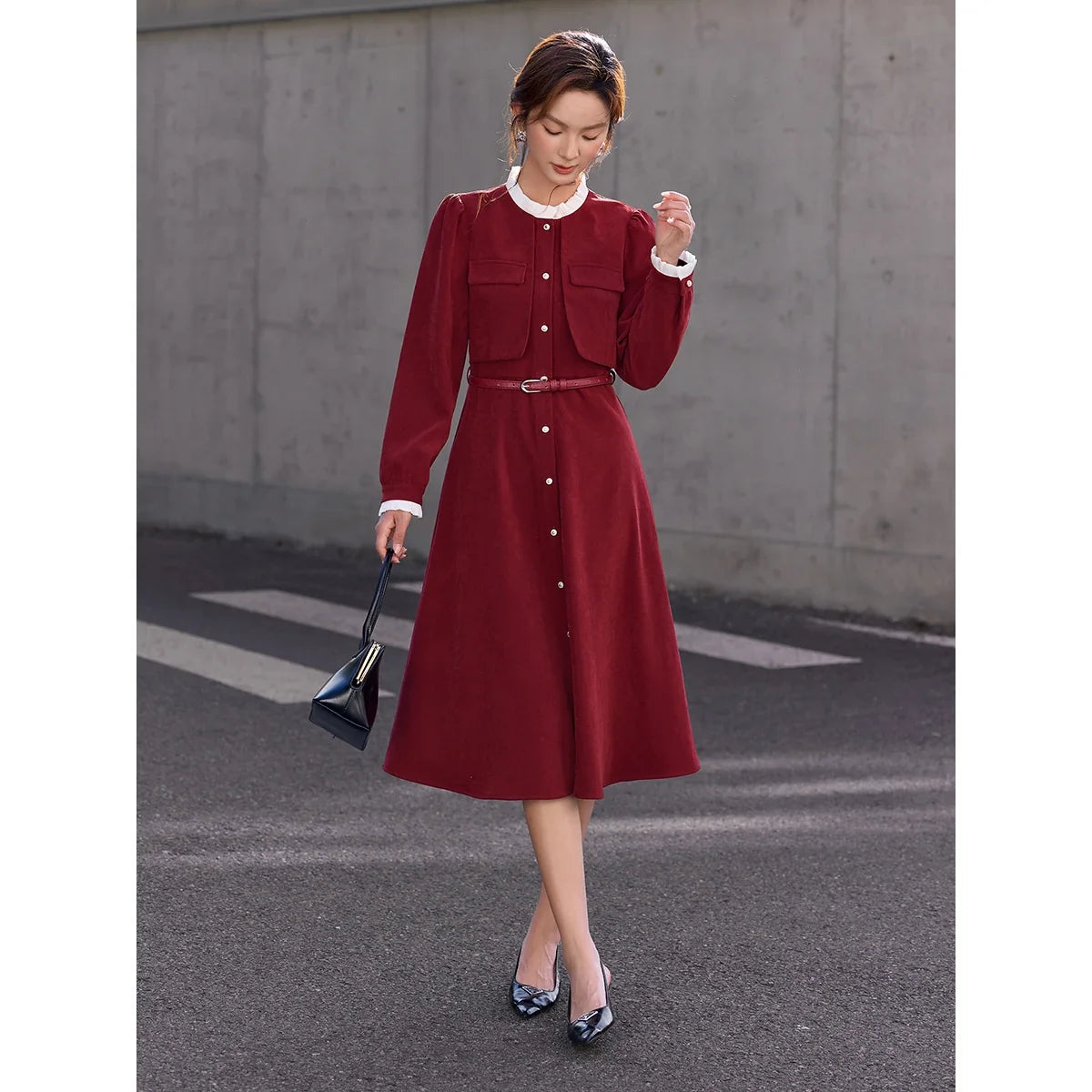 Belted Layered Midi Dress