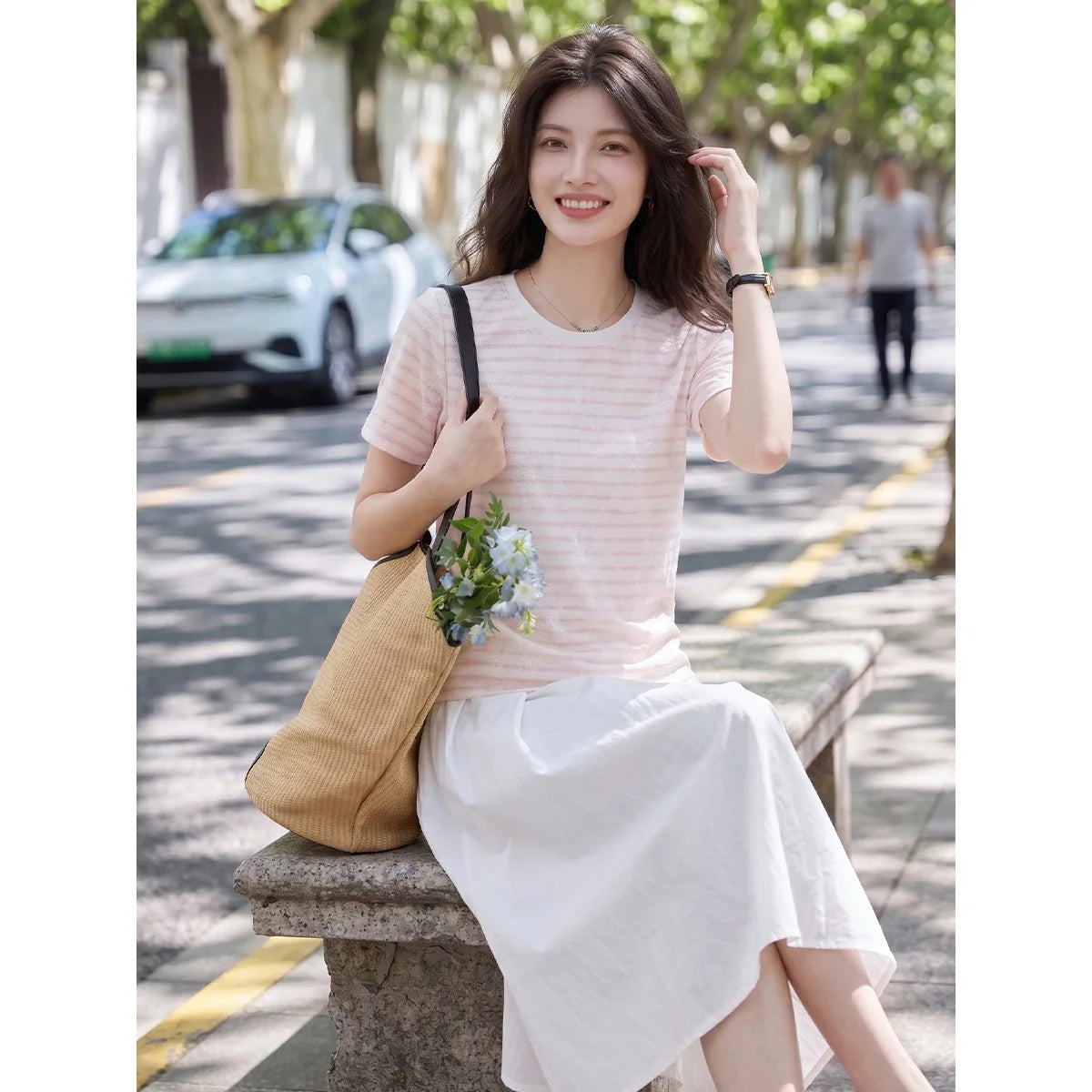 Lace-Stripe Crew-Neck Tee