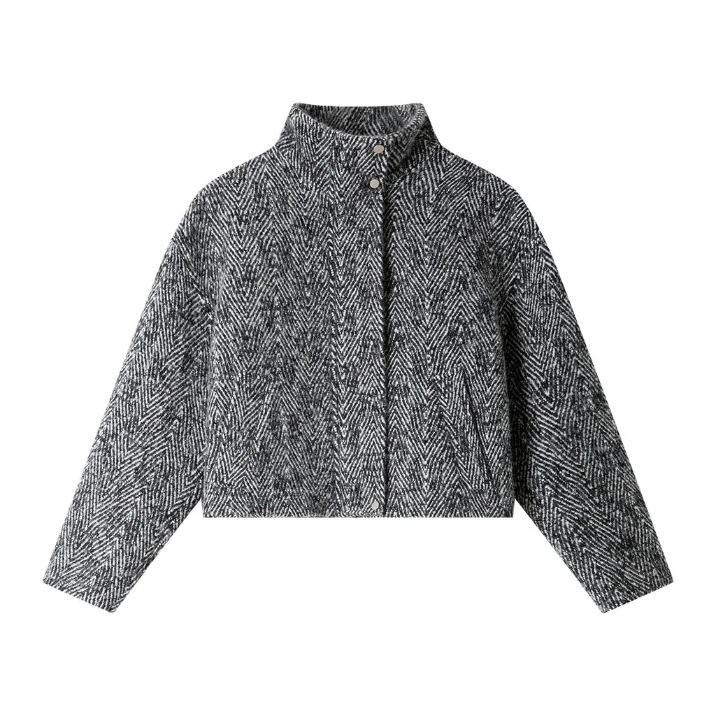 Herringbone Stand-Collar Cropped Jacket