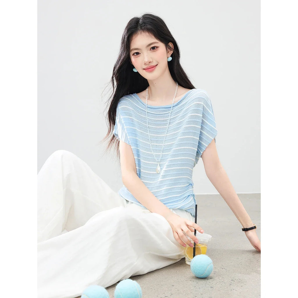 Striped Ruched Dolman-Sleeve Tee