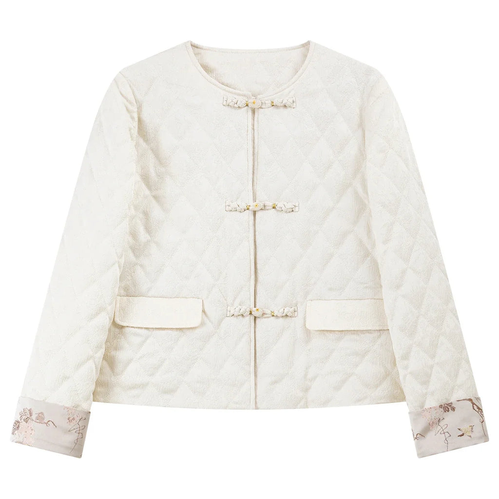 Frog-Button Quilted Collarless Jacket