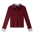 Contrast-Cuff Collared Long-Sleeve Top