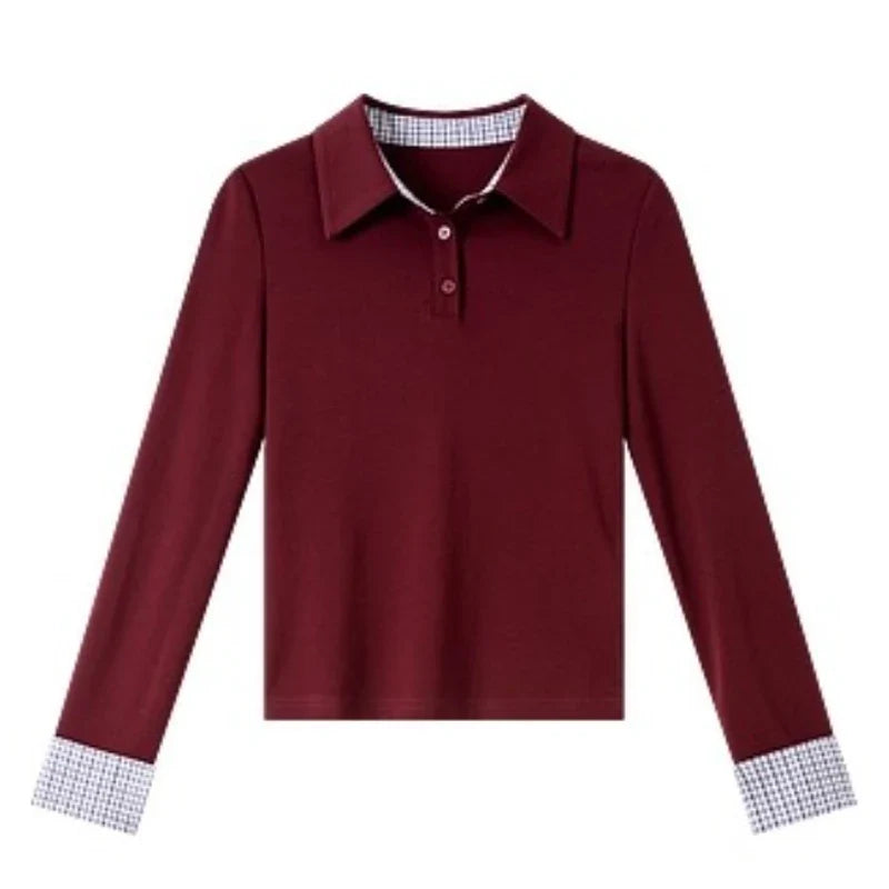 Contrast-Cuff Collared Long-Sleeve Top