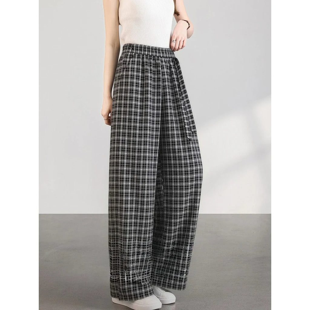 Small-Check Wide-Leg Trousers