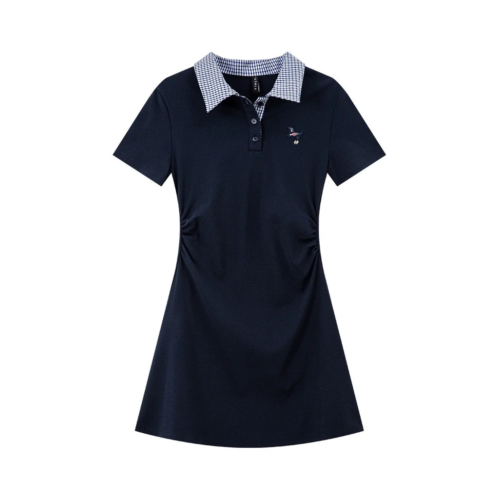 Pleated-Waist Contrast-Collar Polo Dress