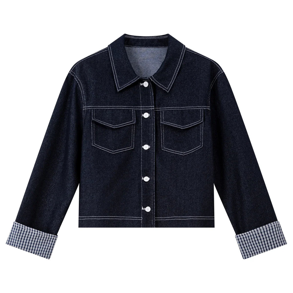 Contrast-Cuff Cropped Denim Jacket