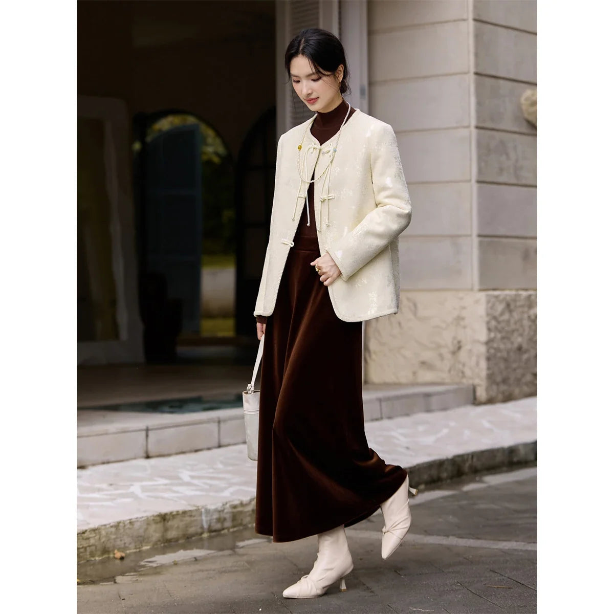 Jacquard Frog-Button Collarless Jacket