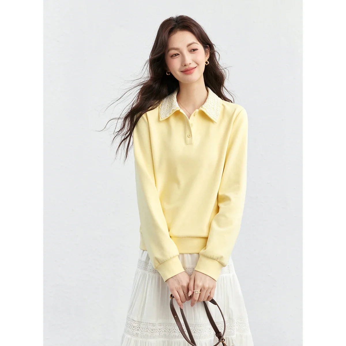 Lace-Collar Long-Sleeve Polo Sweatshirt