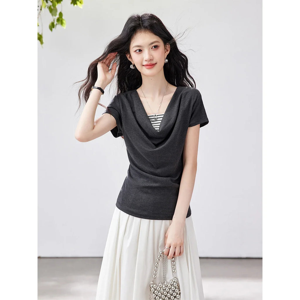 Layered Cowl-Neck Short-Sleeve Tee