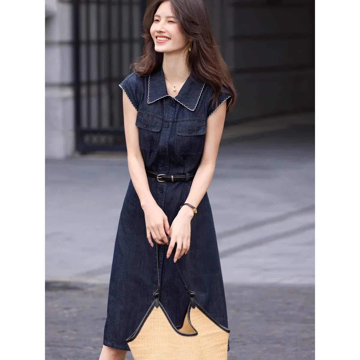 Sleeveless Belted Denim Shirt Dress