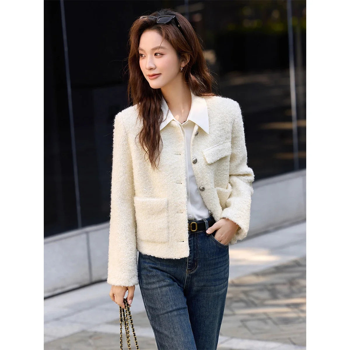 Textured Pocket-Front Collarless Jacket