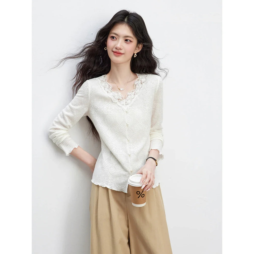 Lace-Trim Button-Front Knit Top