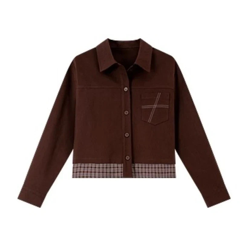 Plaid-Trim Cropped Shirt Jacket