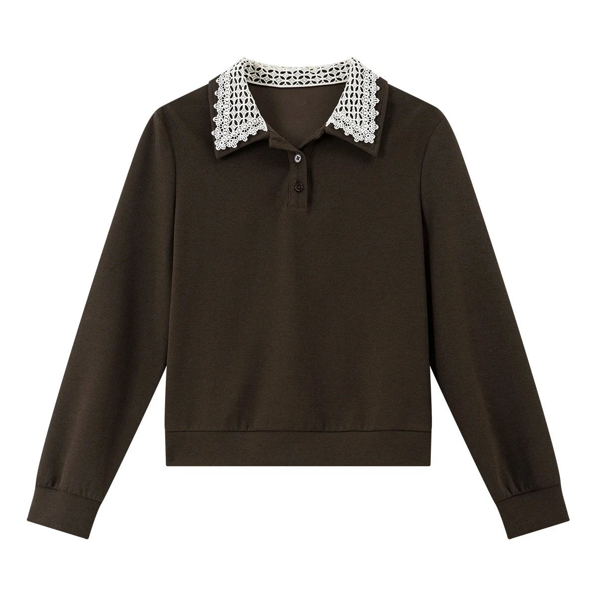 Lace-Collar Long-Sleeve Polo Sweatshirt