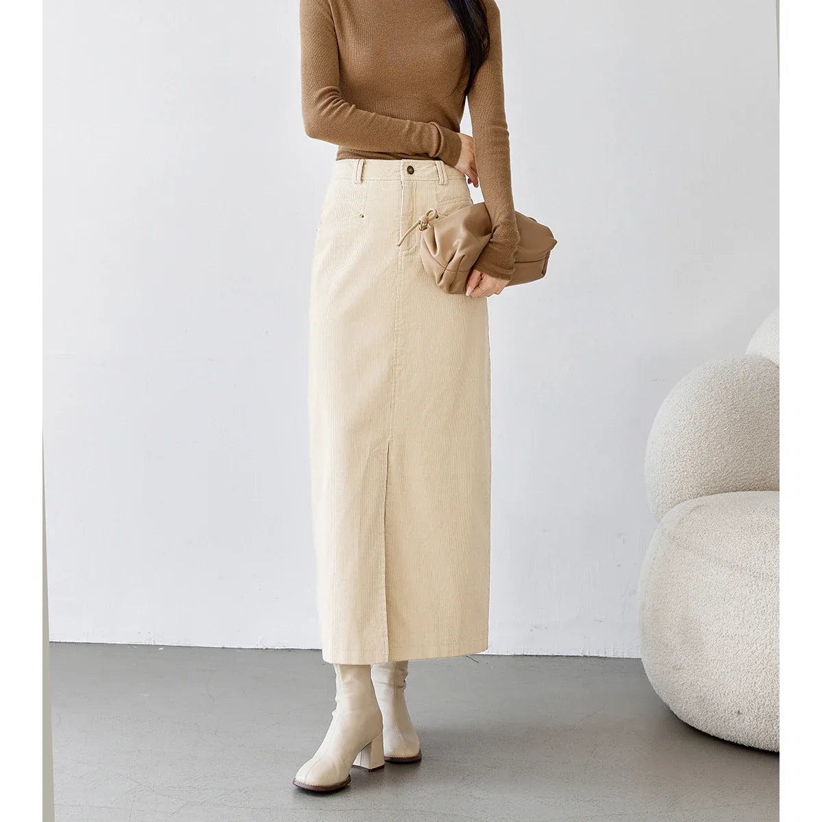Straight Front-Slit Midi Skirt
