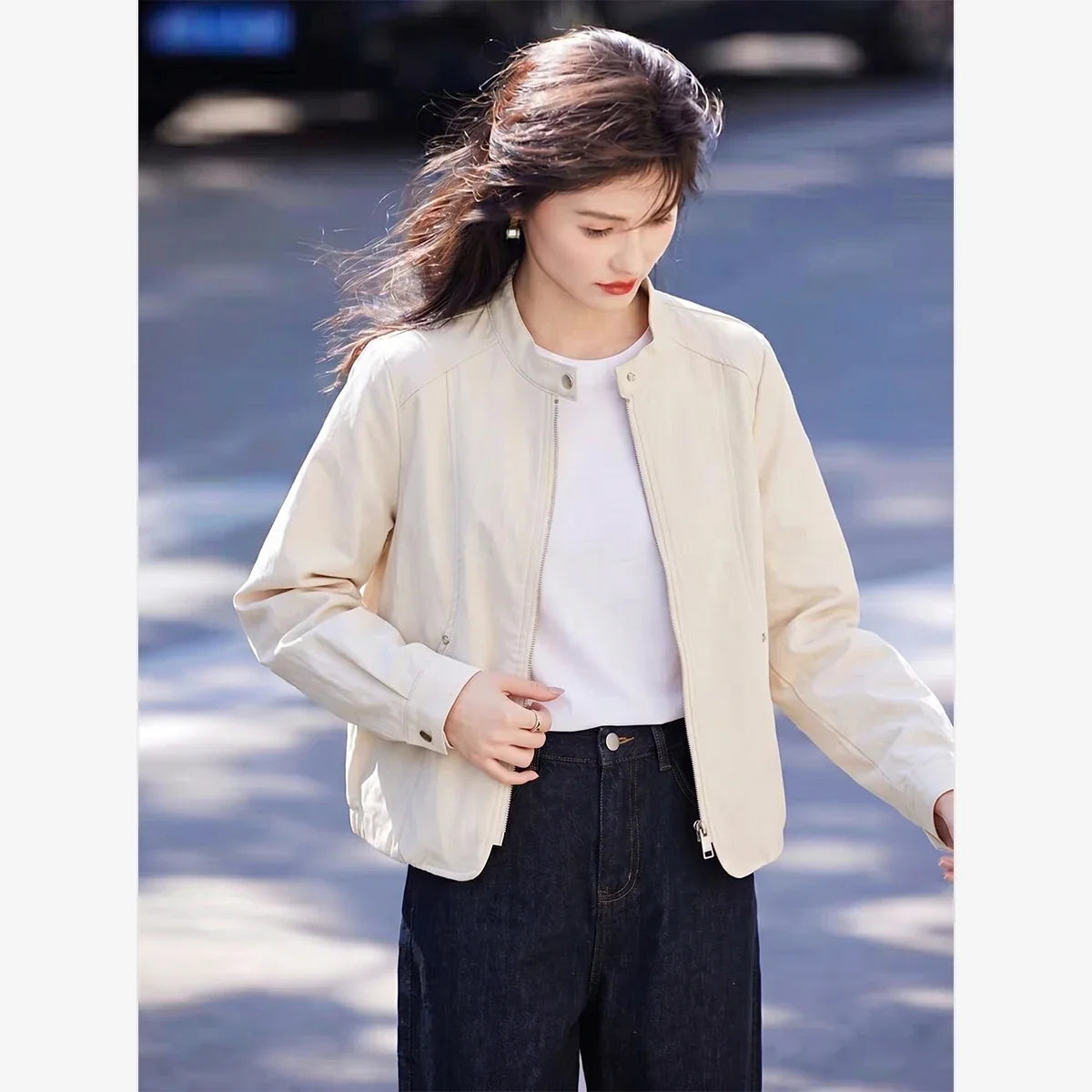 Zip-Front Cropped Collarless Jacket