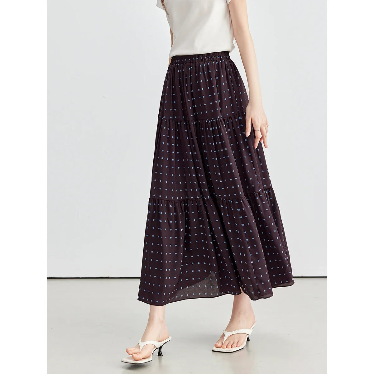 Women's Polka-Dot Tiered Midi Skirt Burgundy Dots