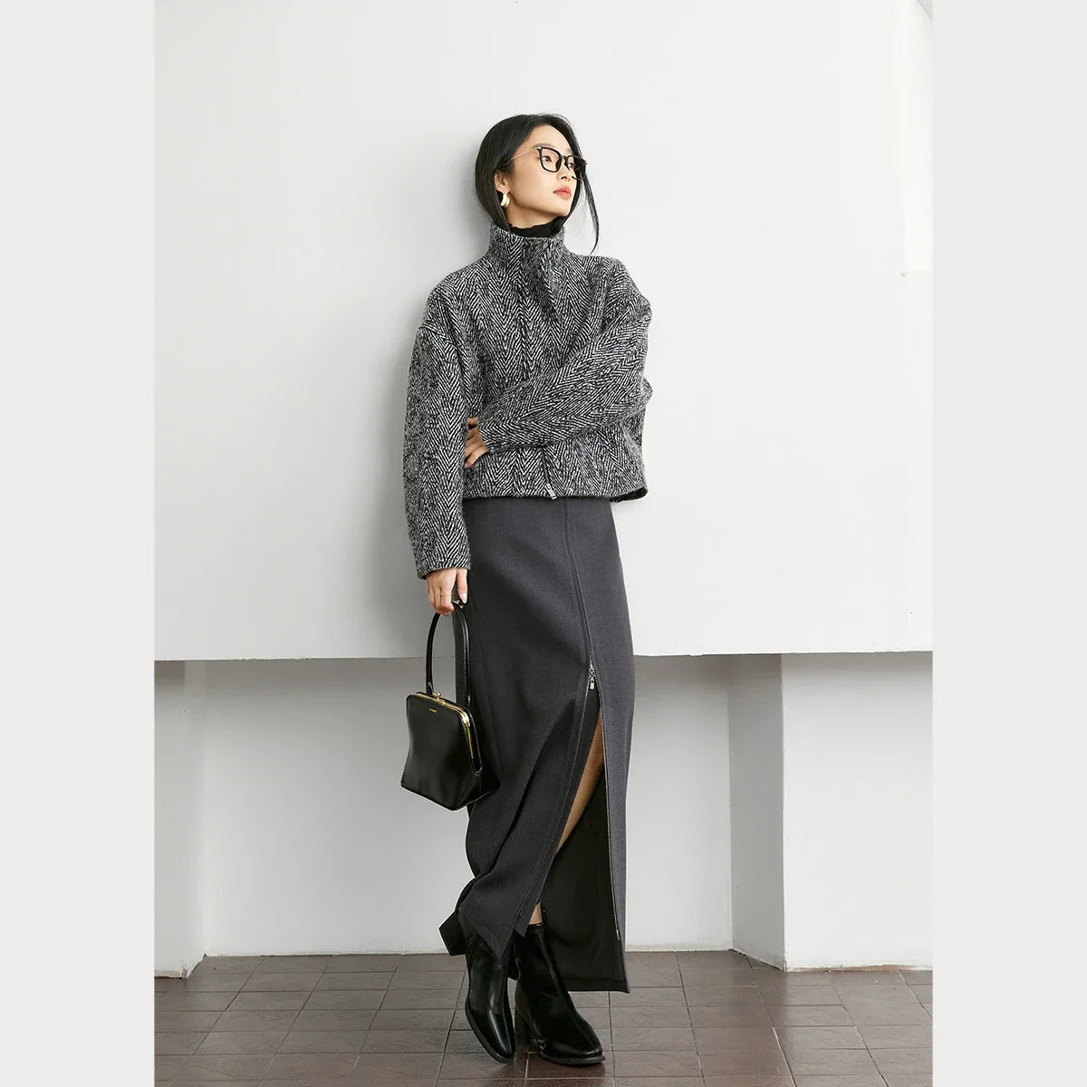 Herringbone Stand-Collar Cropped Jacket