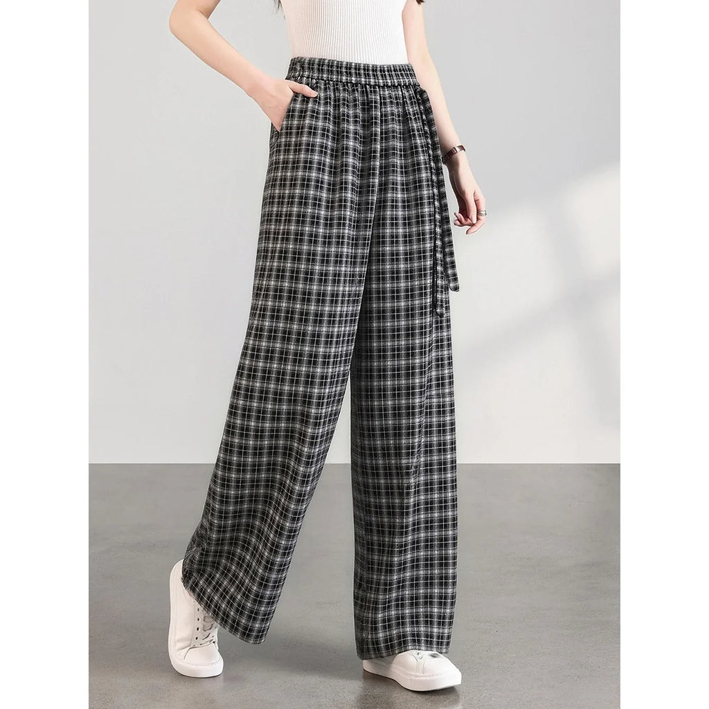 Small-Check Wide-Leg Trousers