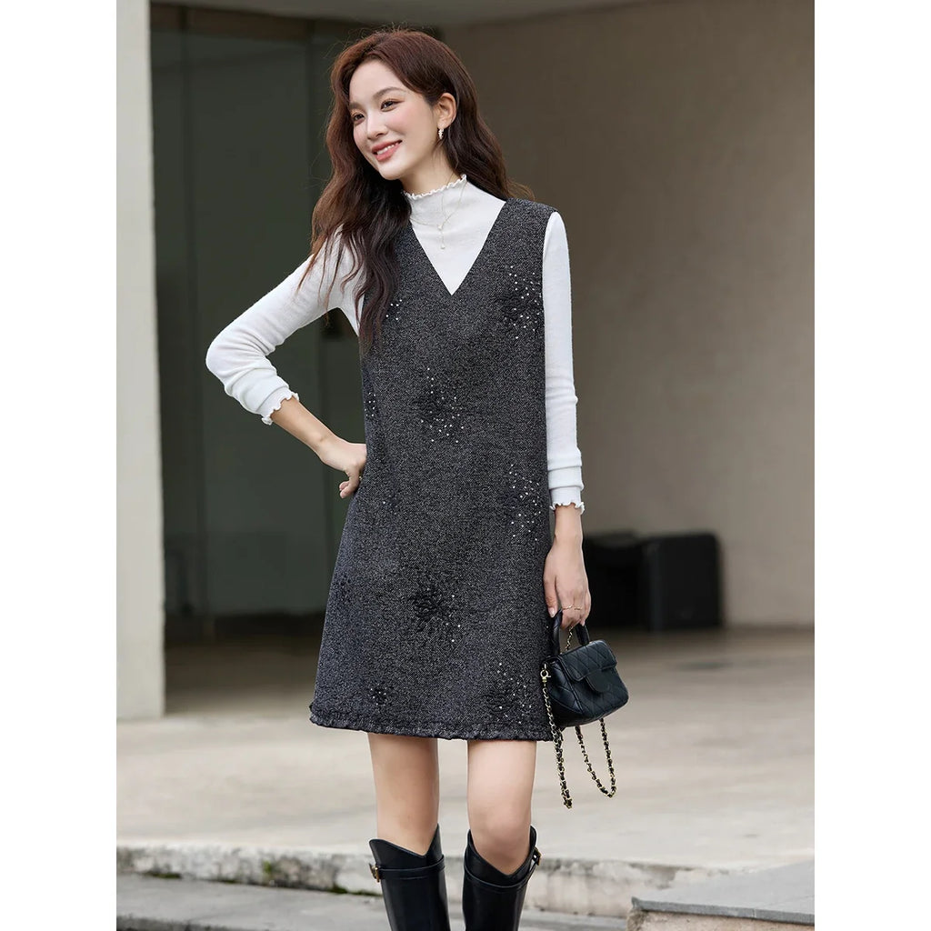 V-Neck Embellished Sleeveless Mini Dress