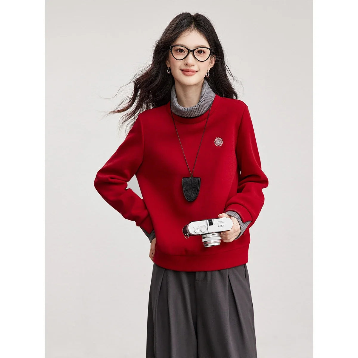 Layered Turtleneck Crew-Neck Sweatshirt