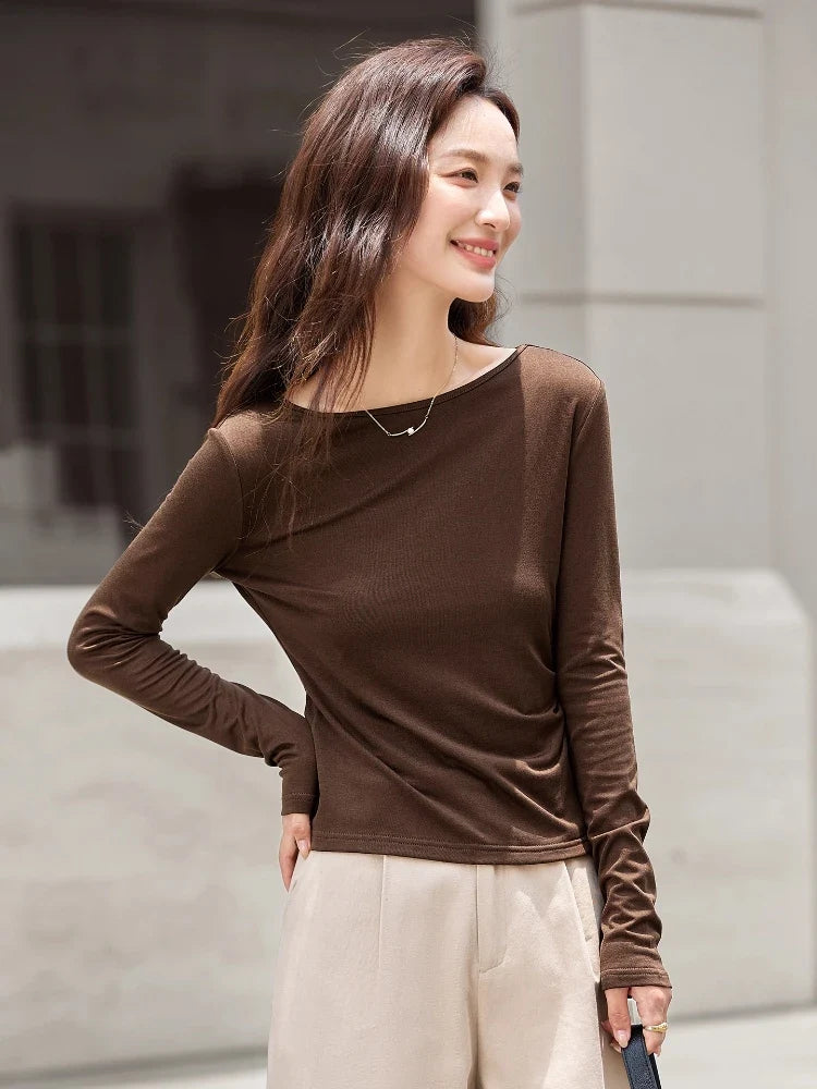 Boat-Neck Ruched Long-Sleeve Top