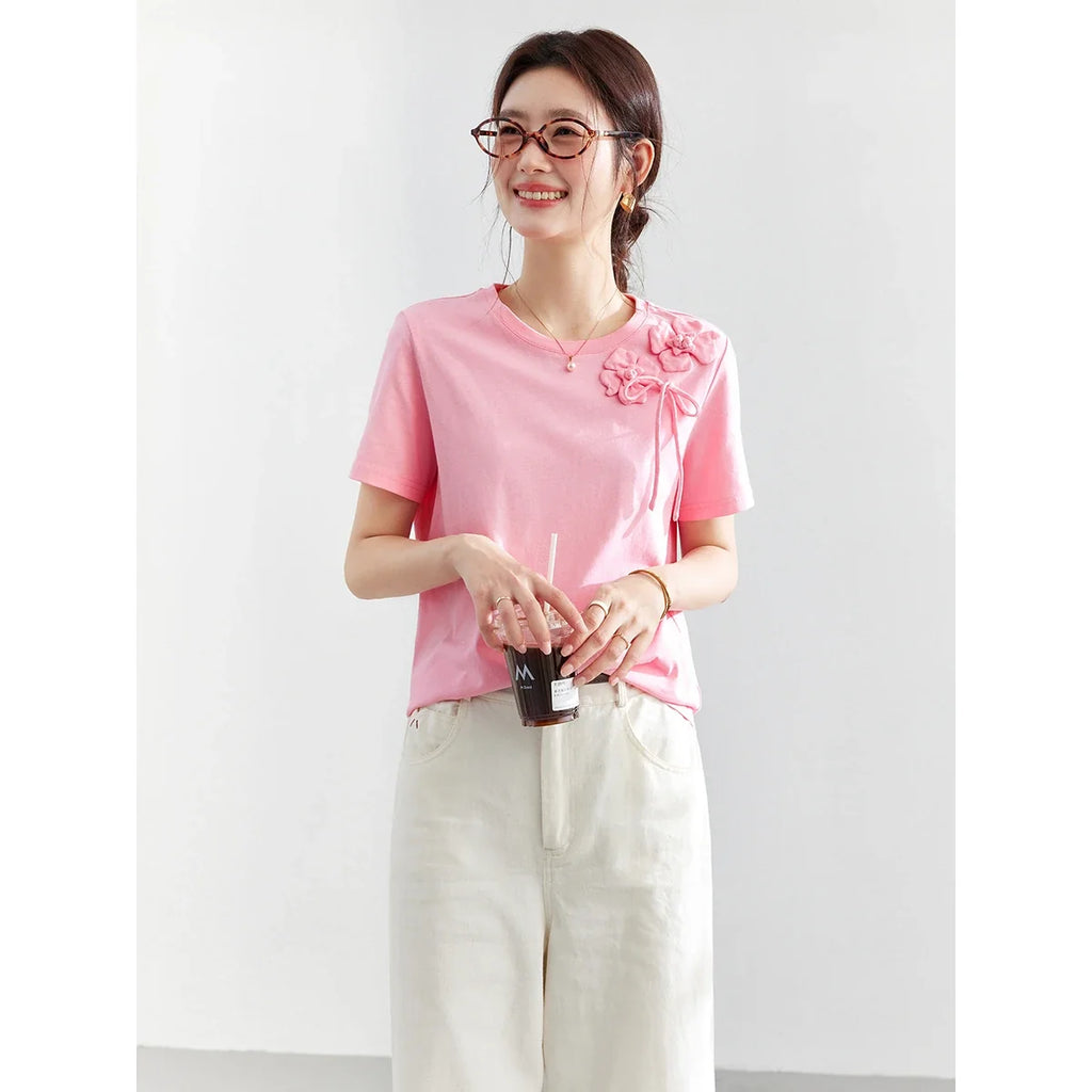 Floral Applique Tie-Detail Tee