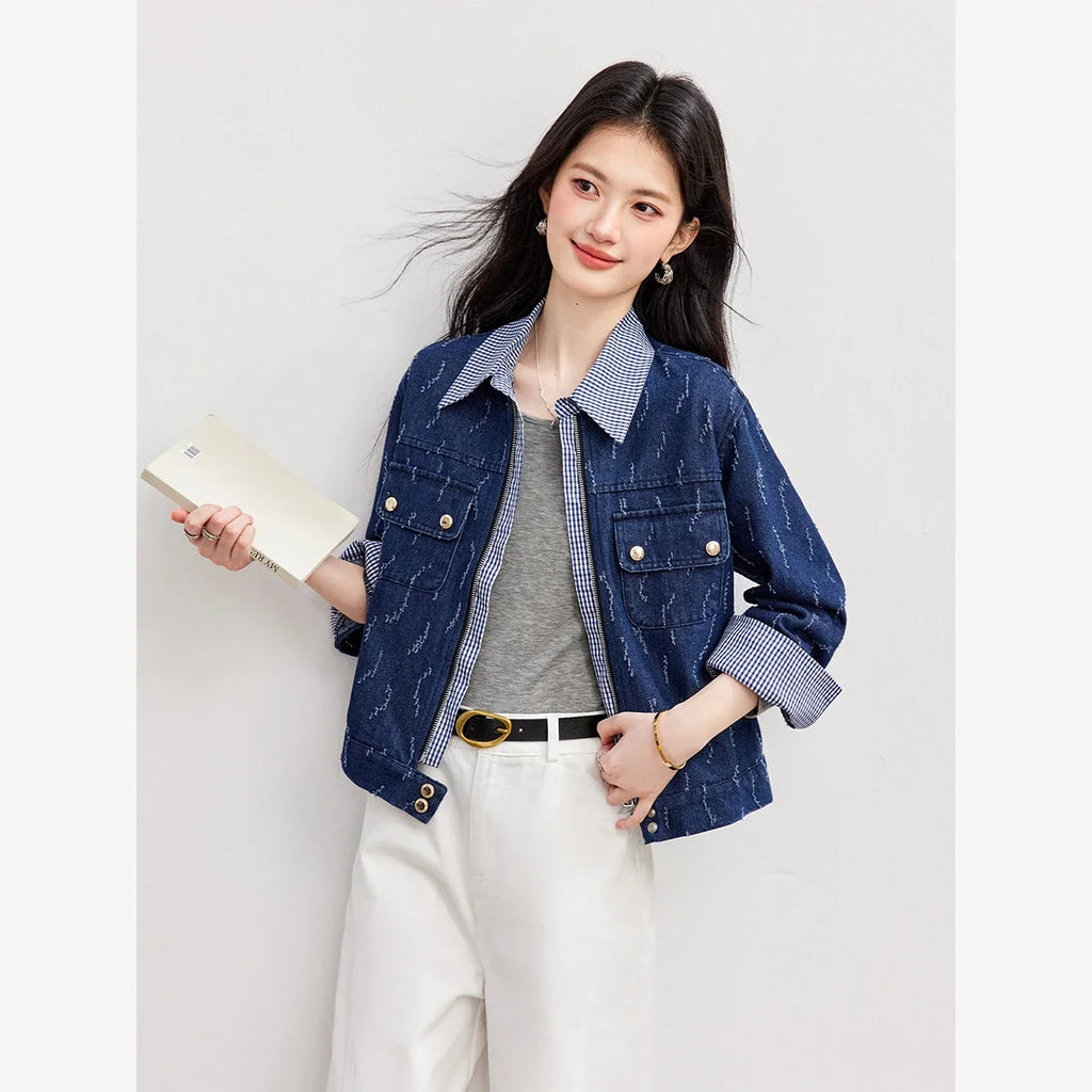 Jacquard-Collar Cropped Denim Jacket