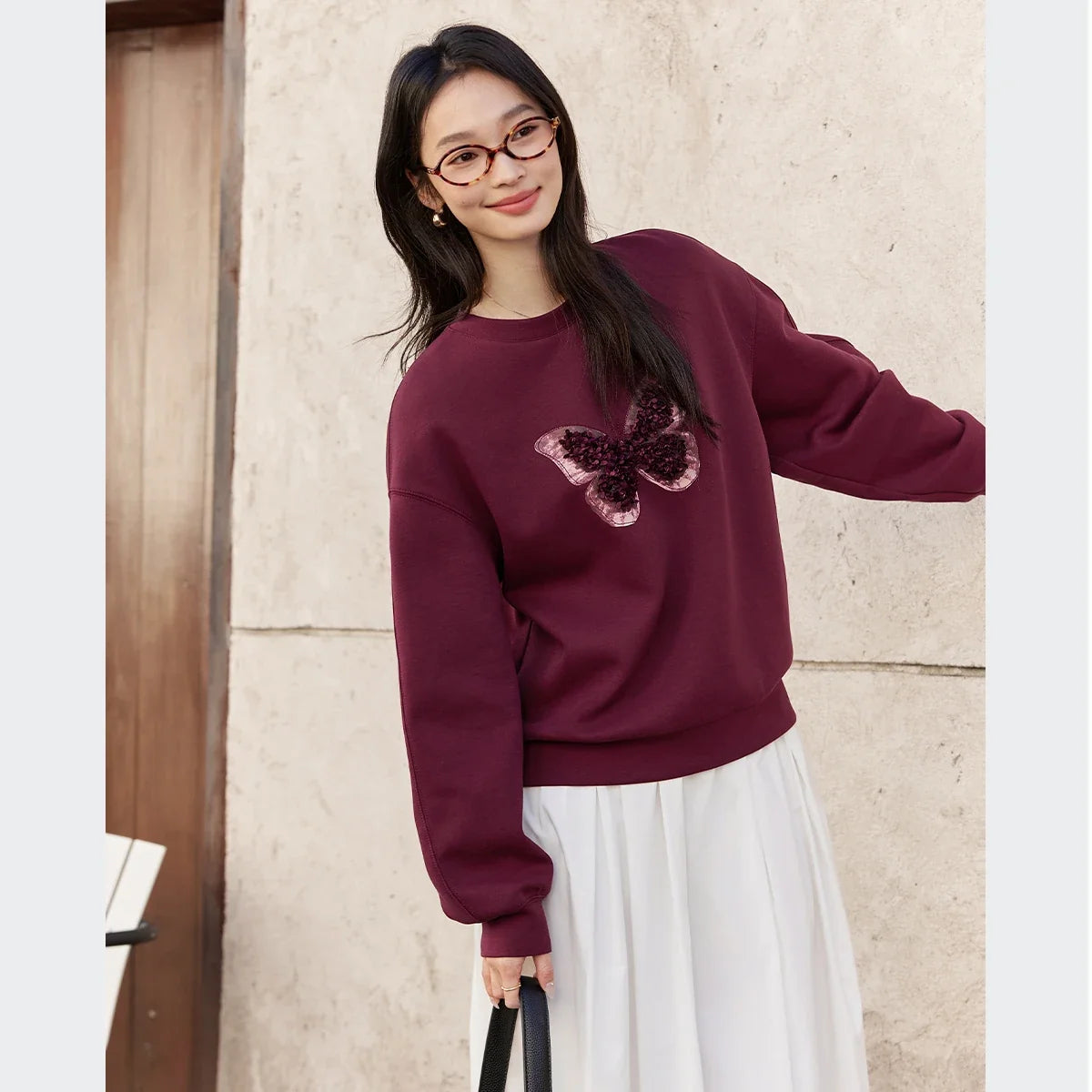 Butterfly-Applique Crew-Neck Sweatshirt