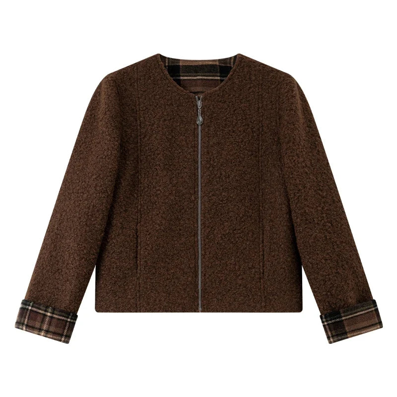 Plaid-Cuff Zip-Front Collarless Jacket